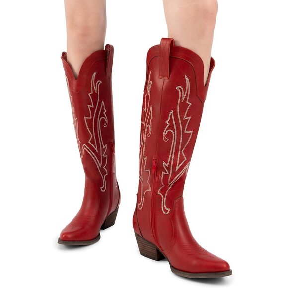 DREAM PAIRS Womens Red Cowboy Boots Wide Calf Knee High Ladies - Picture 3 of 9